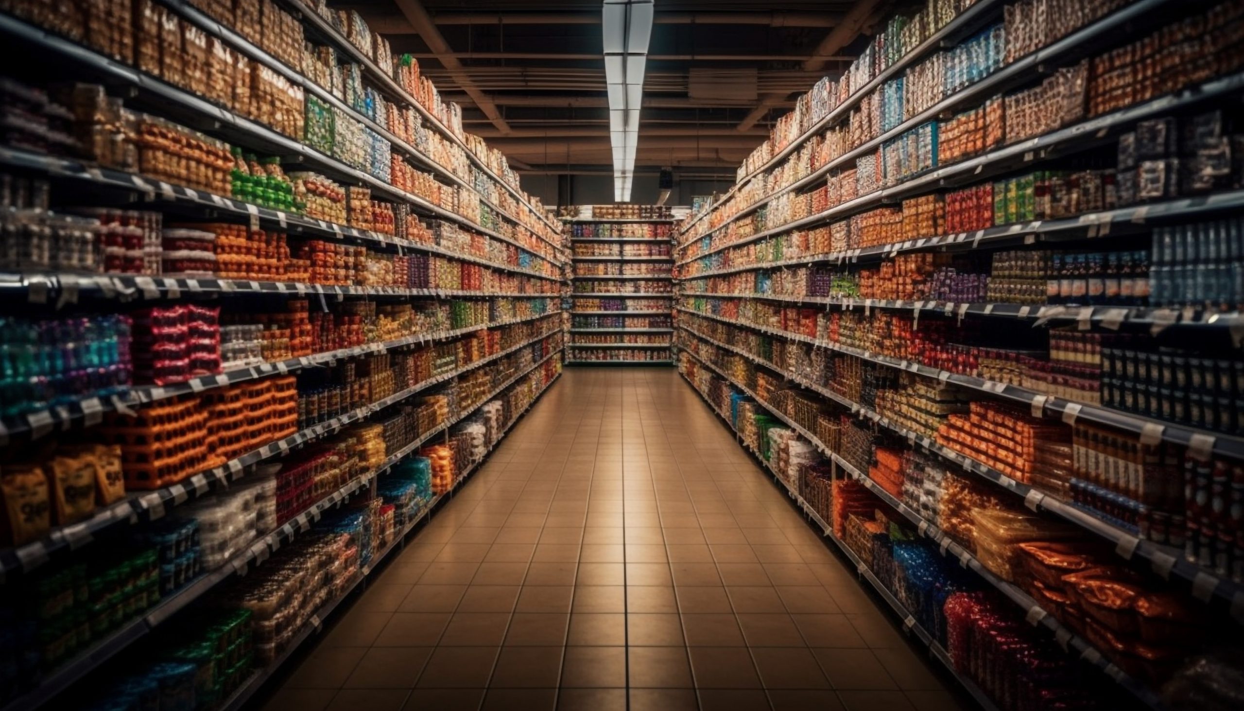 Abundance of healthy food choices in supermarket aisle generated by artificial intelligence